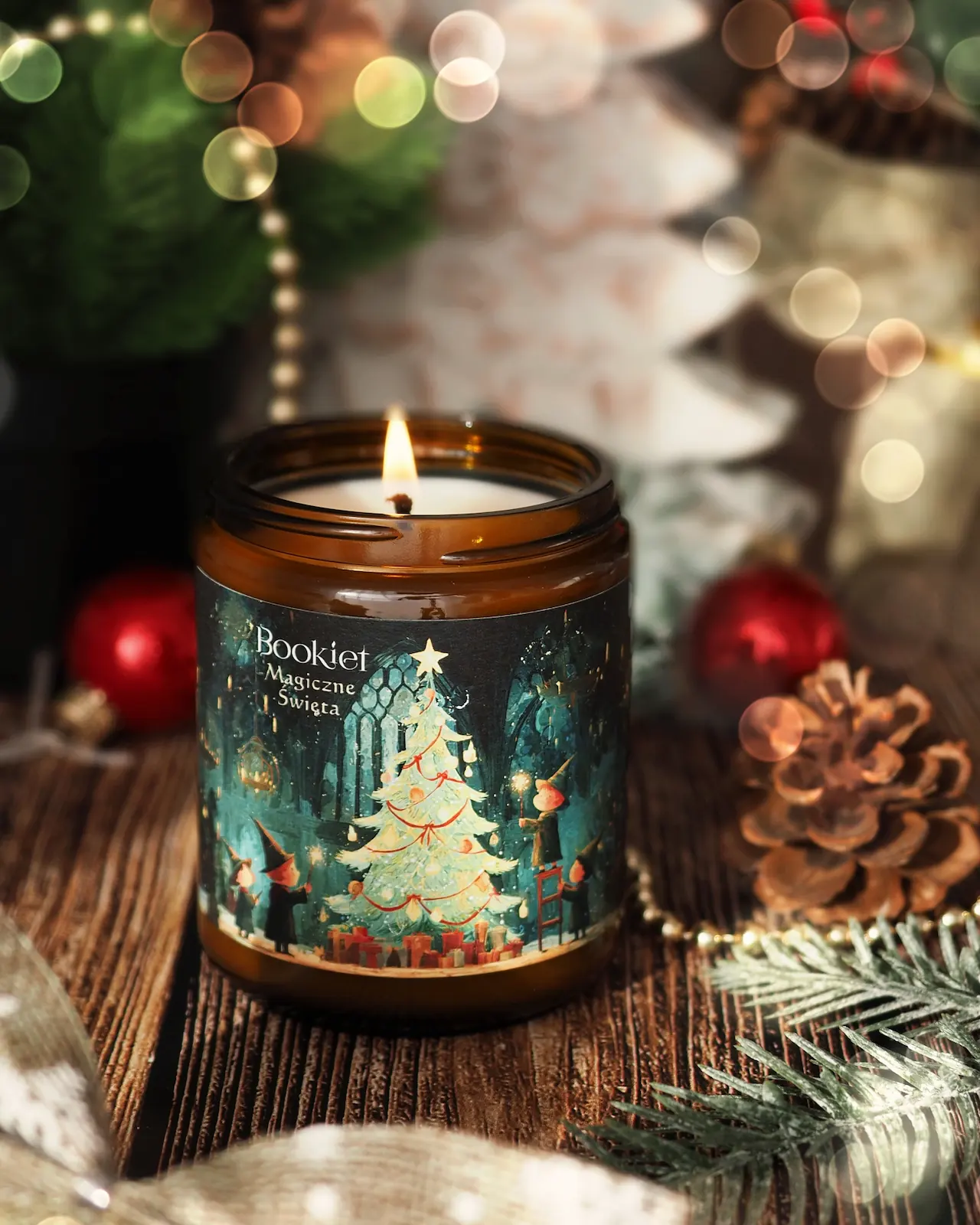 Świąteczna świeca sojowa Magiczne Święta – jodła, świerk, żywica, liść borówki, drewno cedrowe - zapach choinki